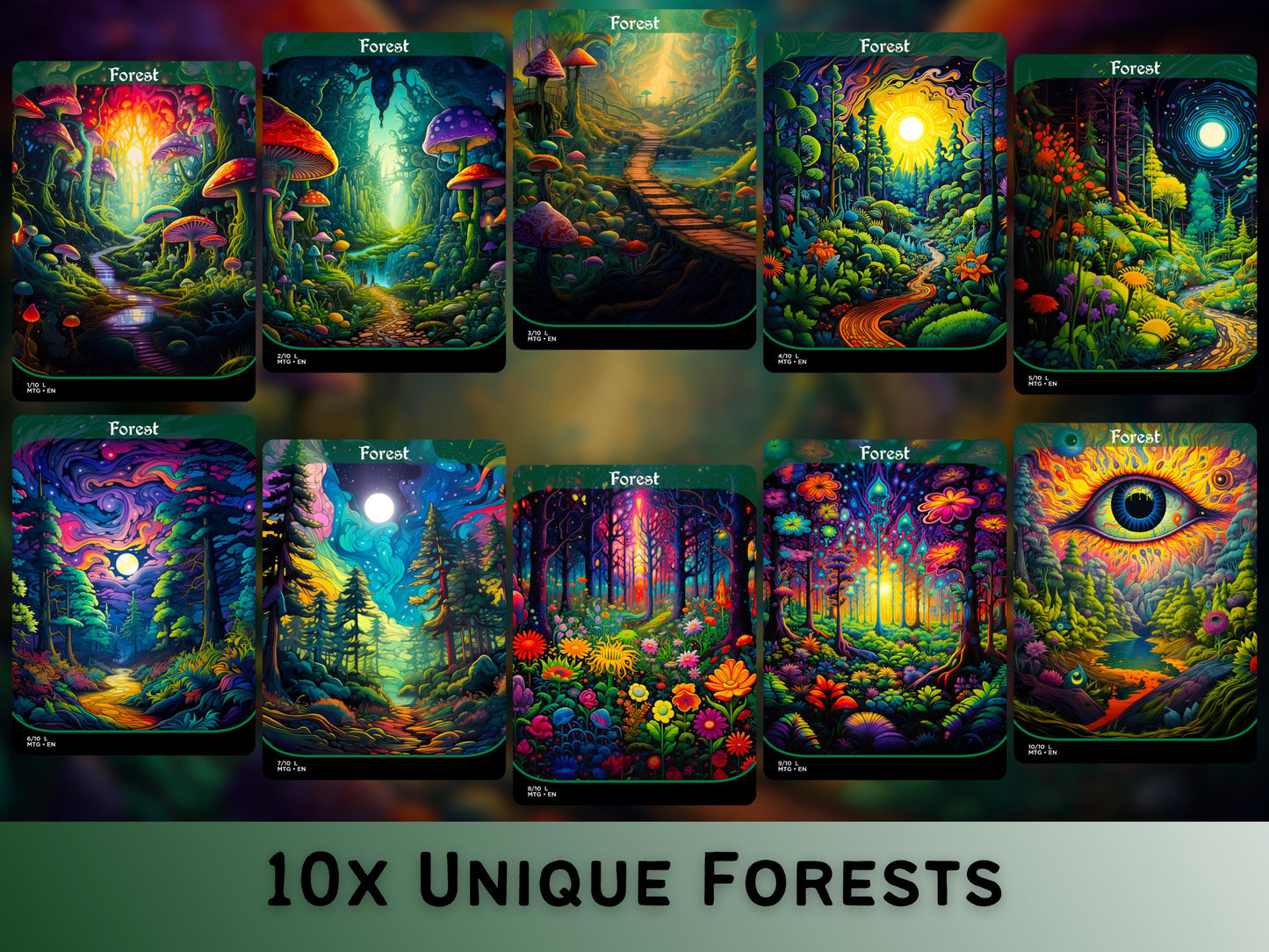 Acid Lands Series - Psychedelic Forests set of 10 - Unique Full-art Custom Magic proxies - High Quality Basic Lands for all formats!