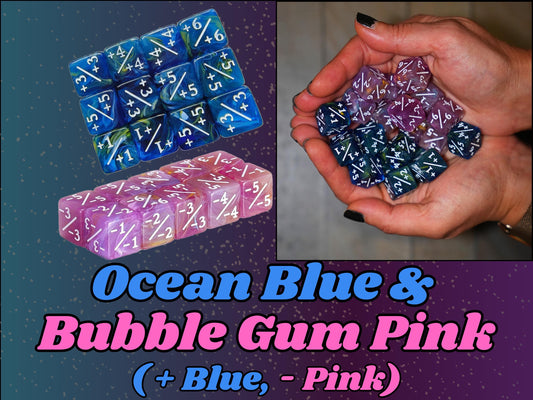 Counter Dice + / - , Magic TCG, Blue Pink Swirls Color Theme, perfect for any magic the gather deck! Edh, Cedh Magic Deck! Great MTG Gift!