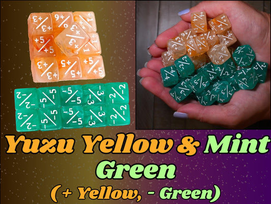 Counter Dice + / - , Magic TCG, Green & Yellow Swirls Theme, perfect for any magic the gather deck! Edh, Cedh Magic Deck! Great MTG Gift!