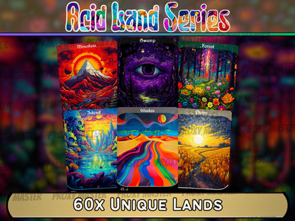 Acid Lands Series - Psychedelic 60 Card Basic Land Mega bundle - Unique Full-art Custom Magic proxies - High Quality Lands for all formats!