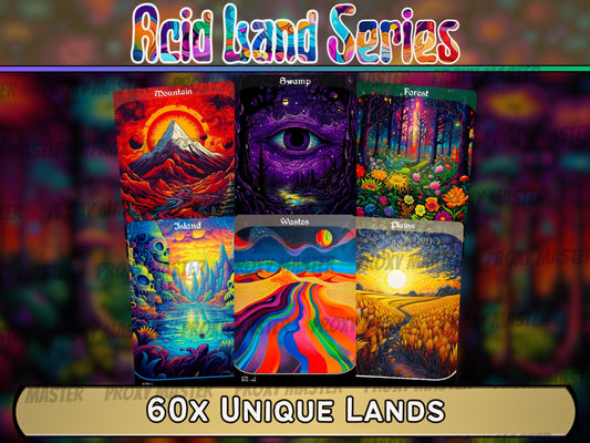 Acid Lands Series - Psychedelic 60 Card Basic Land Mega bundle - Unique Full-art Custom Magic proxies - High Quality Lands for all formats!