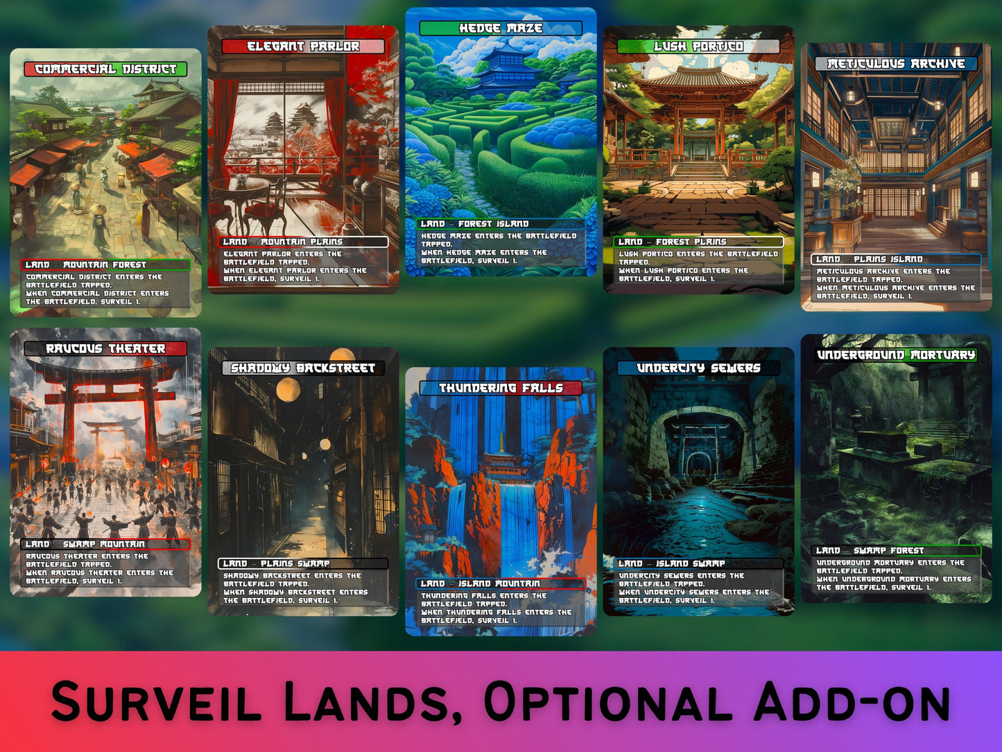 Mega EDH Japanese Land Bundle (50 cards) - Proxy Lands - Japanese lands set of 50 + 10 Surveil Upgrade - Full-art Lands for EDH and cEDH!