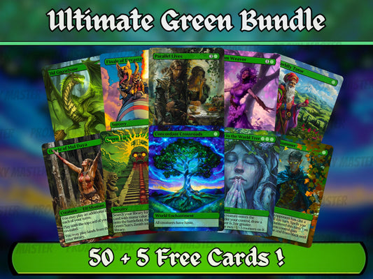 Ultimate Green Bundle! - Set of 50 + 5 FREE Essentials! - Great Gift - Unique Pop-Out Art Magic Proxy cards for your favorite decks!