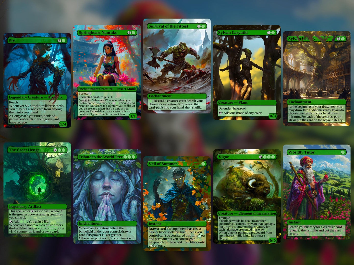 Ultimate Green Bundle! - Set of 50 + 5 FREE Essentials! - Great Gift - Unique Pop-Out Art Magic Proxy cards for your favorite decks!