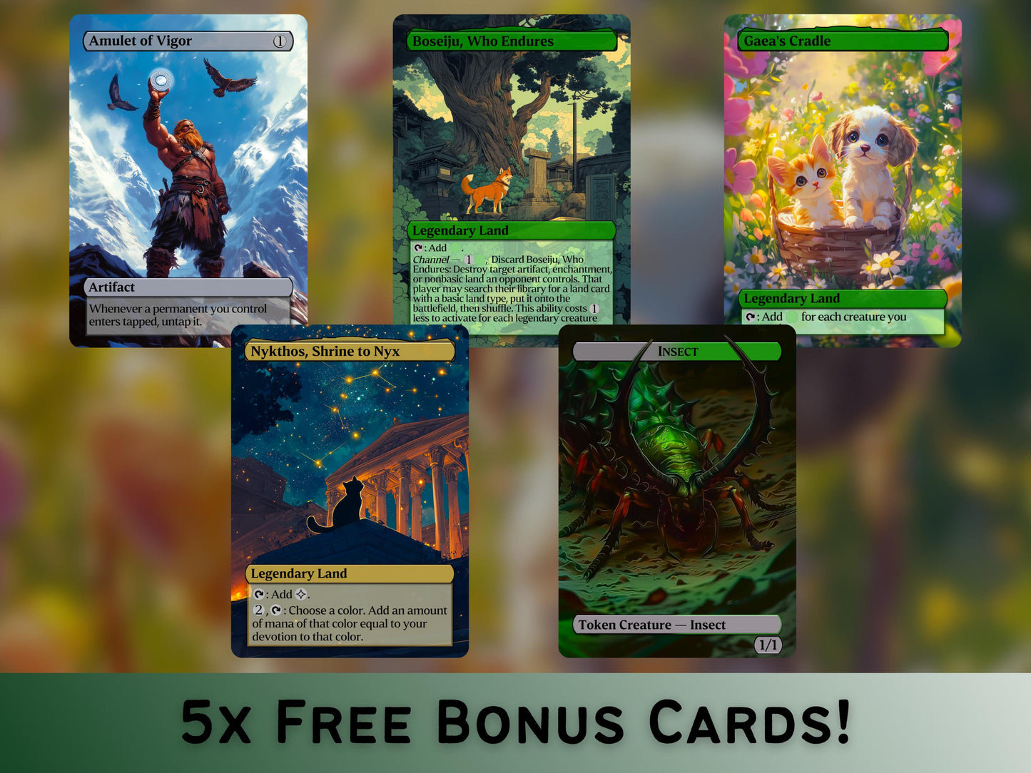 Ultimate Green Bundle! - Set of 50 + 5 FREE Essentials! - Great Gift - Unique Pop-Out Art Magic Proxy cards for your favorite decks!