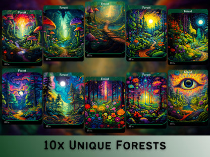 Acid Lands Series - Psychedelic Forests set of 10 - Unique Full-art Custom Magic proxies - High Quality Basic Lands for all formats!