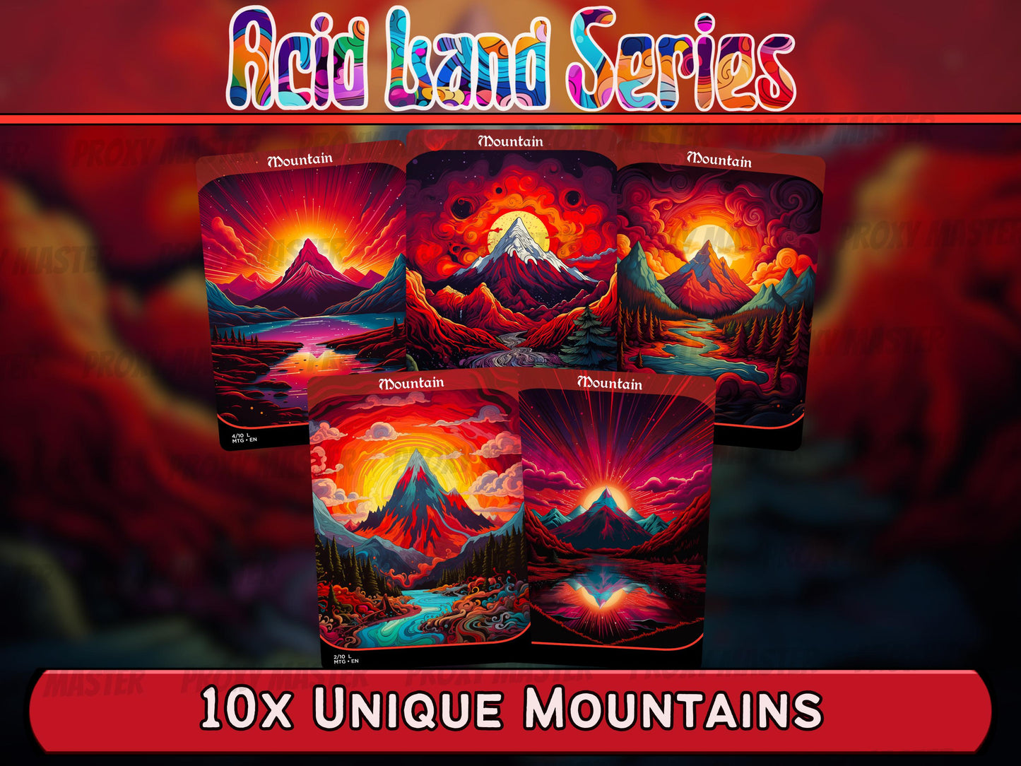 Acid Lands Series - Psychedelic Mountains set of 10 - Unique Full-art Custom Magic proxies - High Quality Basic Lands for all formats!