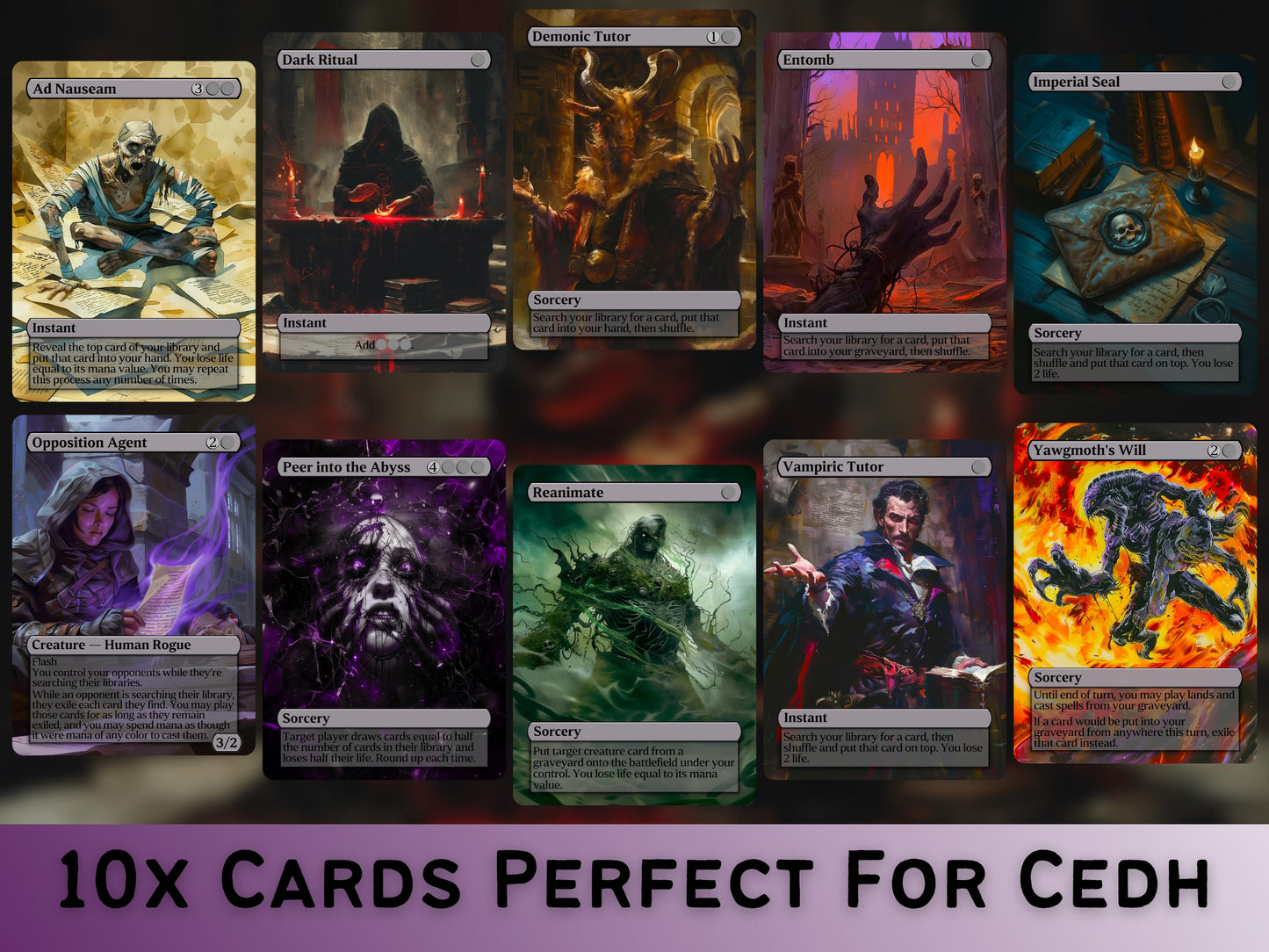 Black Commander Staples Upgrade Bundle - Set of 10 + 1 Black Cards! - 11 Unique Fullart Custom Magic proxies -Cards for your favorite decks!