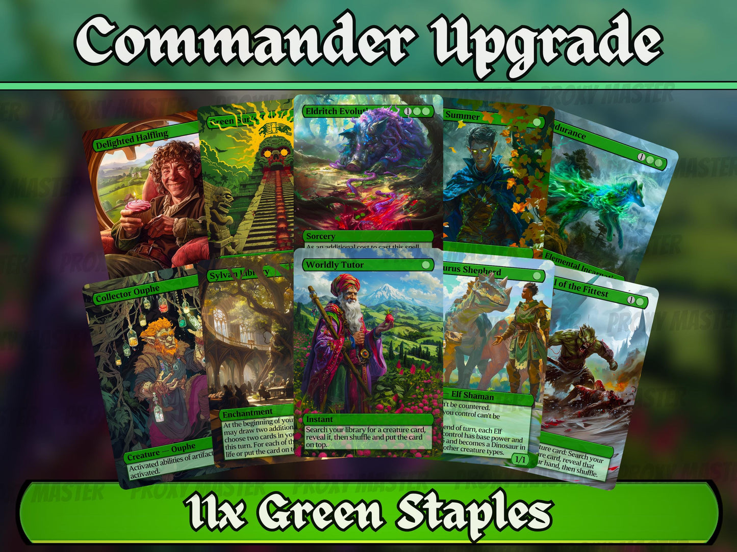 Green Commander Staples Upgrade Bundle - Set of 10 + 1 Green Cards!- 11 Unique Full-art Custom Magic proxies -Cards for your favorite decks!