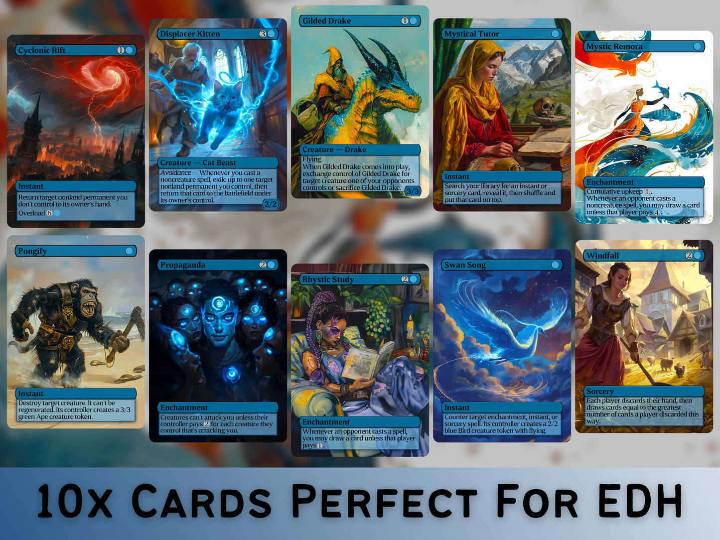 Blue Commander Staples Classic Bundle - Set of 10 + 1 Blue Cards!- 11 Unique Full-art Custom Magic proxies - Cards for your favorite decks!