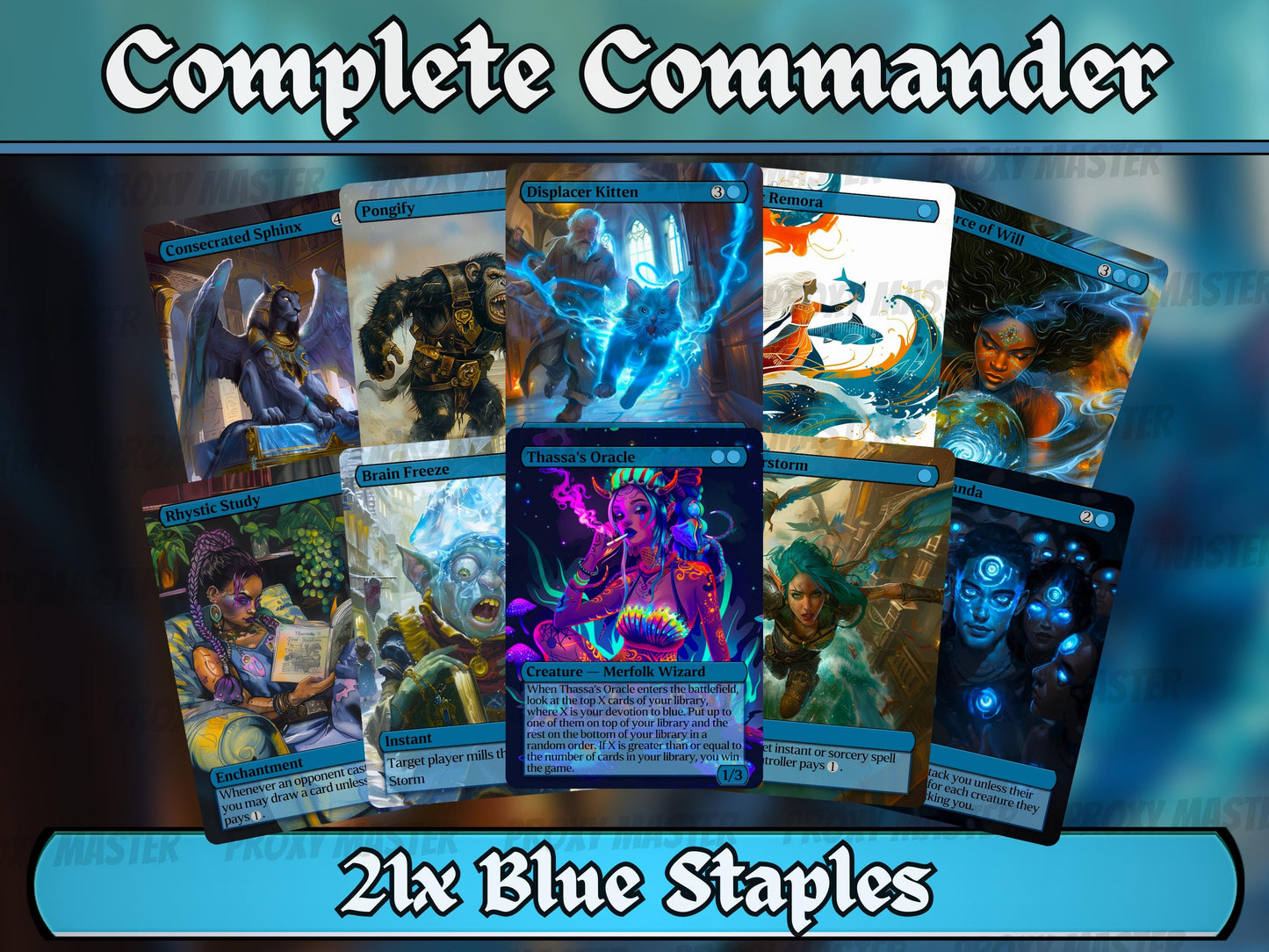 Blue Commander Staples Complete Bundle - Set of 20 + 1 Blue Cards! - 21 Unique Full-art Custom Magic proxies -Cards for your favorite decks!