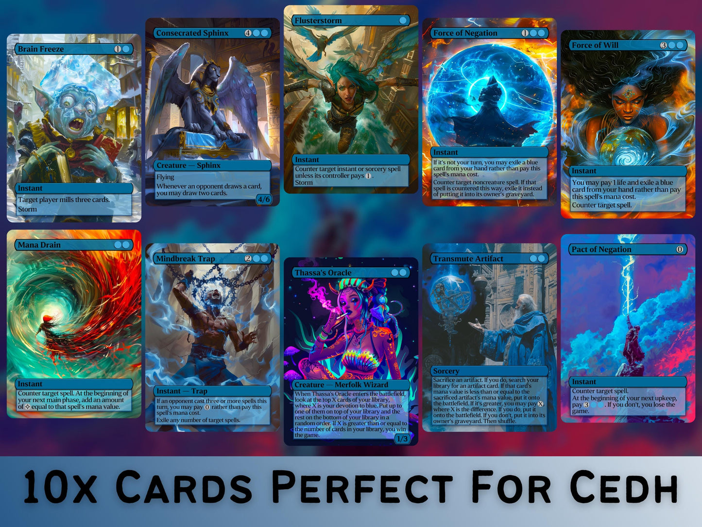 Blue Commander Staples Complete Bundle - Set of 20 + 1 Blue Cards! - 21 Unique Full-art Custom Magic proxies -Cards for your favorite decks!
