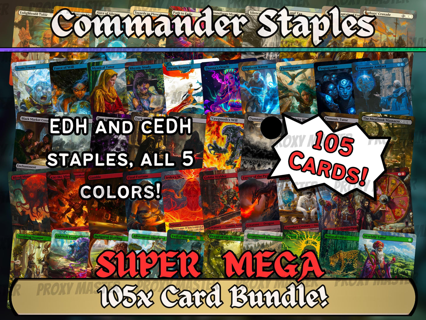 105 Card Commander Staples Super Mega Bundle - Gift - All 5xColors -Unique Full-art Custom Magic proxies-High Quality Cards for your decks!
