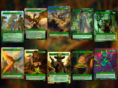 Ultimate Green Bundle! - Set of 50 + 5 FREE Essentials! - Great Gift - Unique Pop-Out Art Magic Proxy cards for your favorite decks!