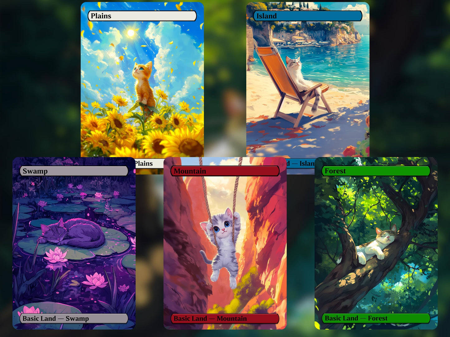 Kitty-Cat Basic Lands - Unique Full-art Cute Kitty Anime Custom Magic proxies - Perfect Gift - High Quality Basic Lands for all formats!