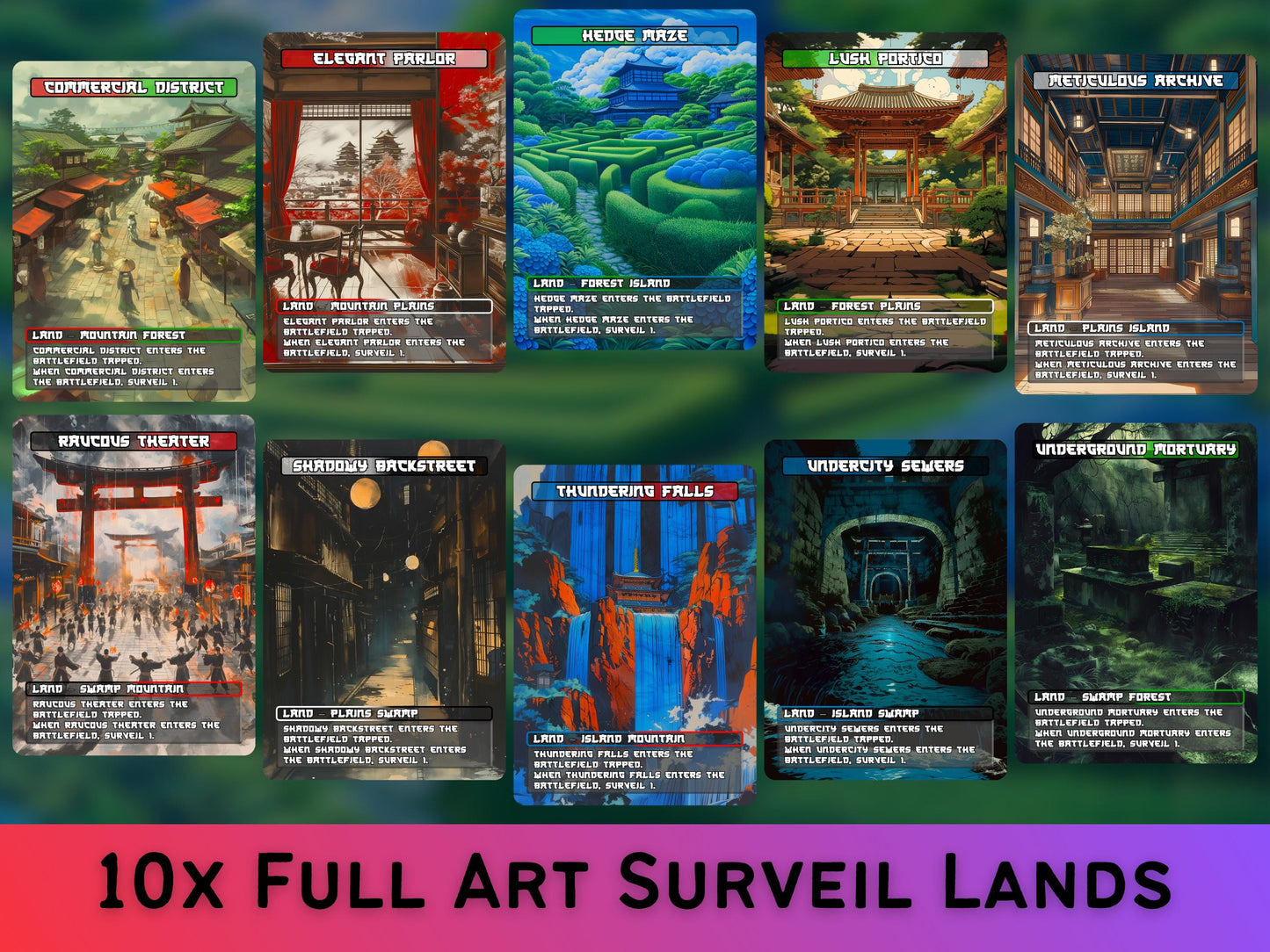 Surveil Lands - Japanese style Surveil lands set of 10 - Unique Full-art Custom Magic proxies - High Quality Lands for your favorite Decks!
