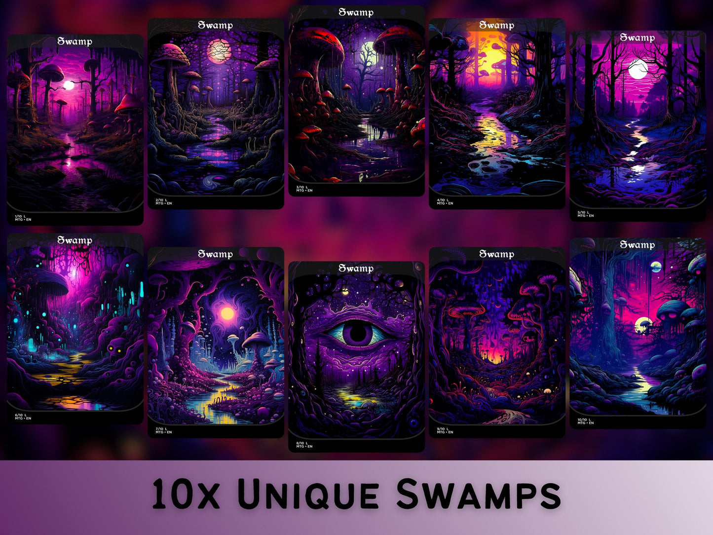 Acid Lands Series - Psychedelic Swamps set of 10 - Unique Full-art Custom Magic proxies - High Quality Basic Lands for all formats!