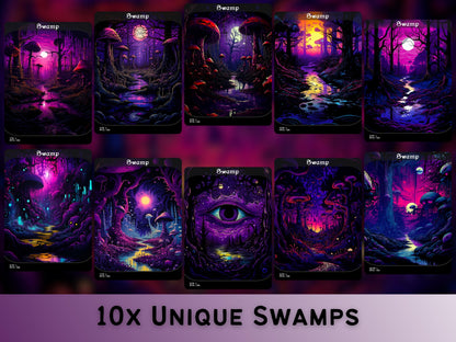 Acid Lands Series - Psychedelic Swamps set of 10 - Unique Full-art Custom Magic proxies - High Quality Basic Lands for all formats!