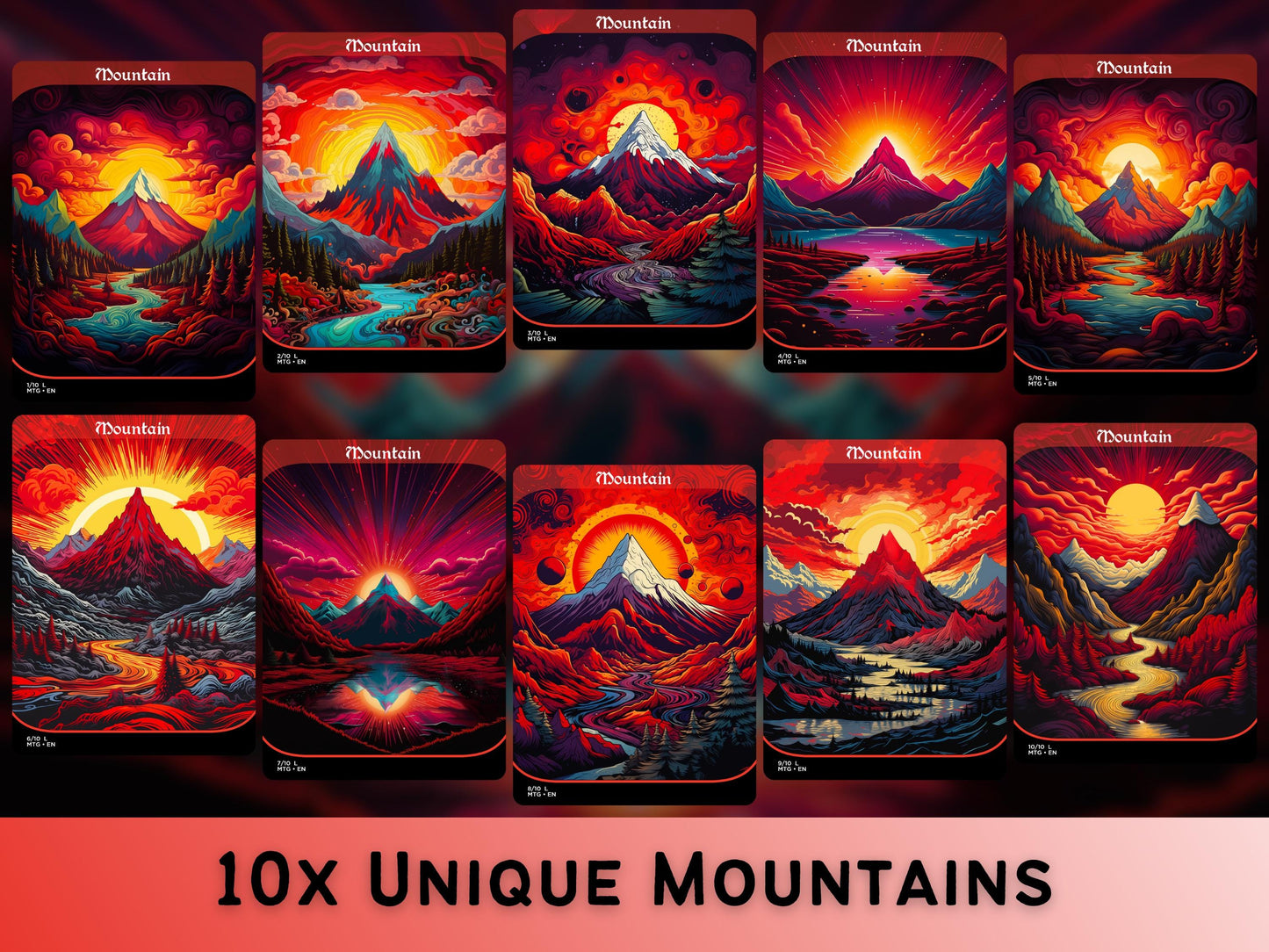 Acid Lands Series - Psychedelic Mountains set of 10 - Unique Full-art Custom Magic proxies - High Quality Basic Lands for all formats!