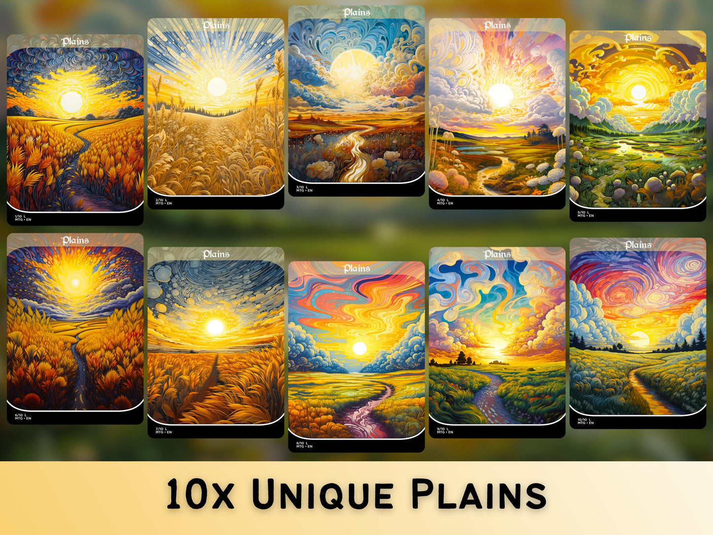 Acid Lands Series - Psychedelic Plains set of 10 - Unique Full-art Custom Magic proxies - High Quality Basic Lands for all formats!