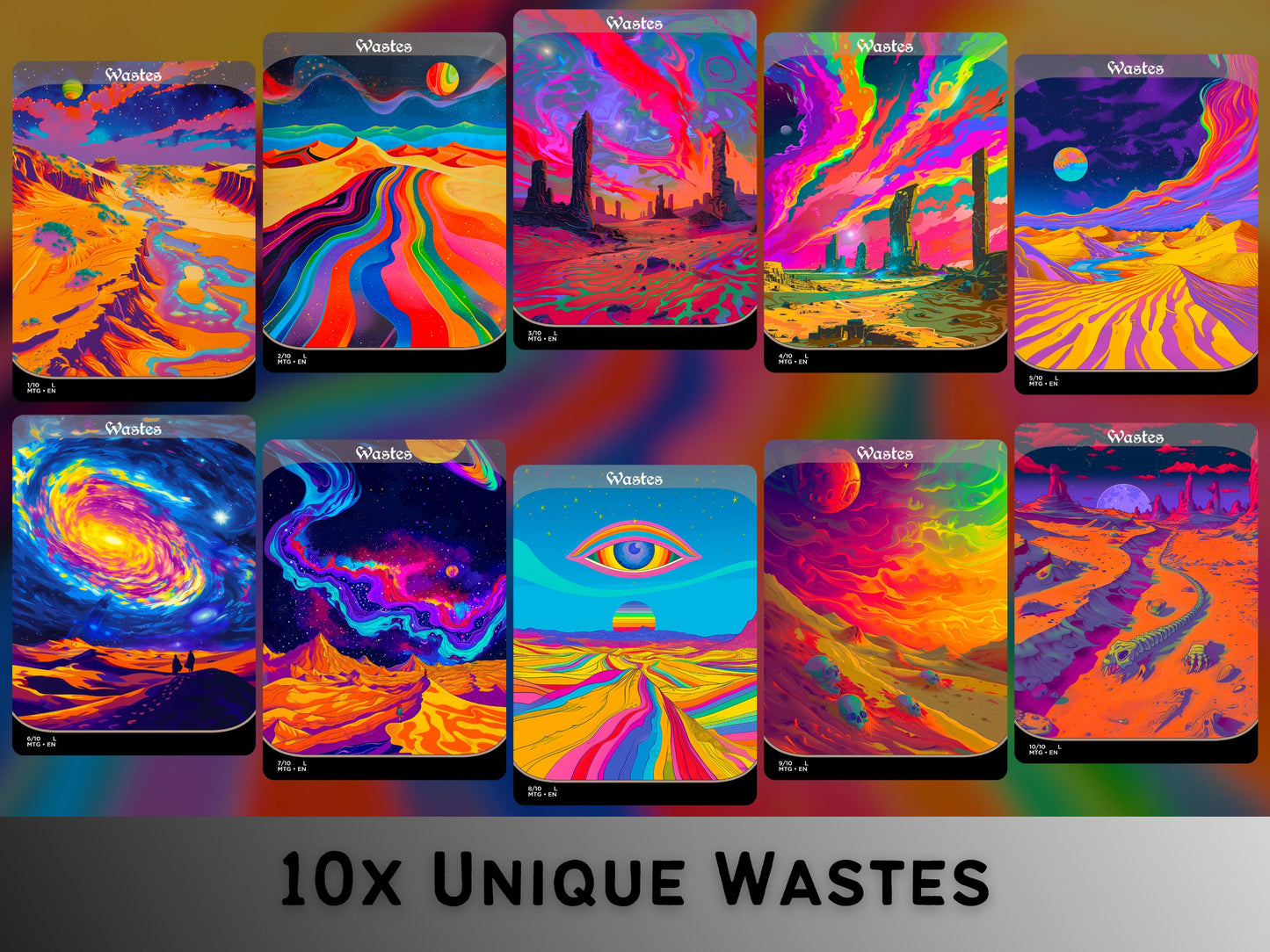 Acid Lands Series - Psychedelic Wastes set of 10 - Unique Full-art Custom Magic proxies - High Quality Basic Lands for all formats!