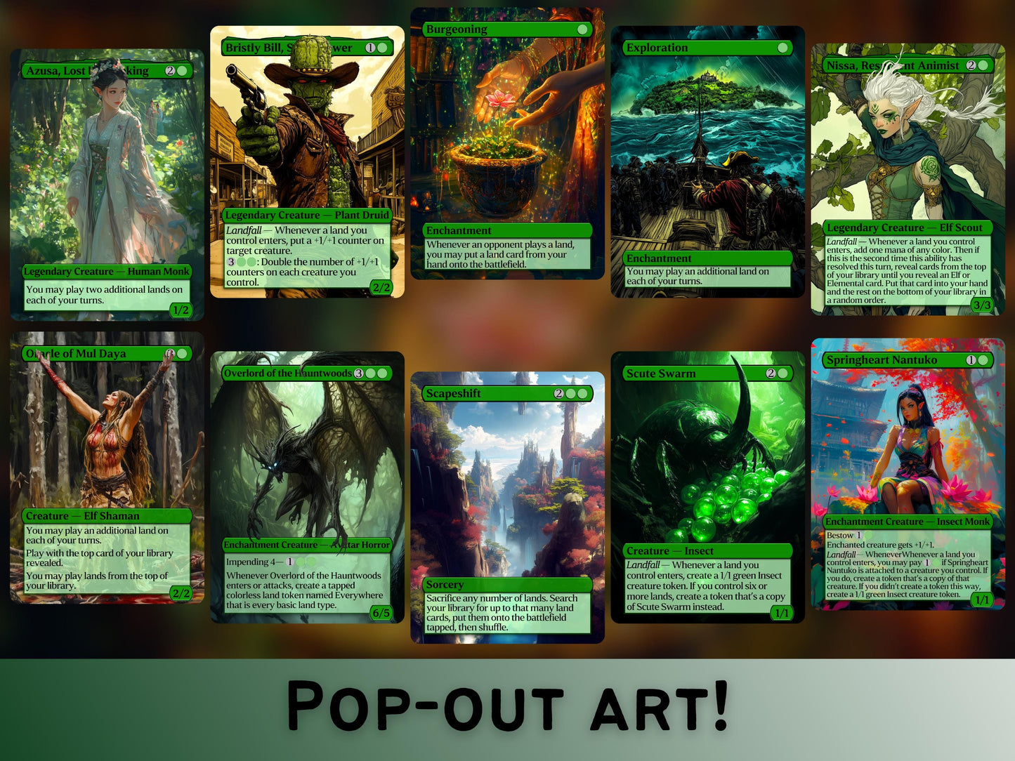 Landfall Bundle - Green Commander Upgrade Pack - Set of 10 + 1 cards! - Full-art Custom Magic Proxies - Great cards for all your decks!