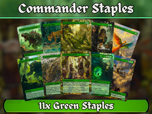 Green Commander Staples Classic Bundle - Set of 10 + 1 Green Cards!- 11 Unique Full-art Custom Magic proxies -Cards for your favorite decks!