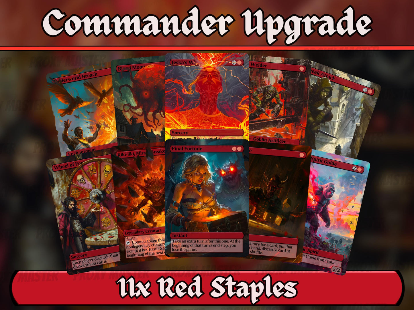 Red Commander Staples Upgrade Bundle - Set of 10 + 1 Red Cards!- 11 Unique Full-art Custom Magic proxies - Cards for your favorite decks!