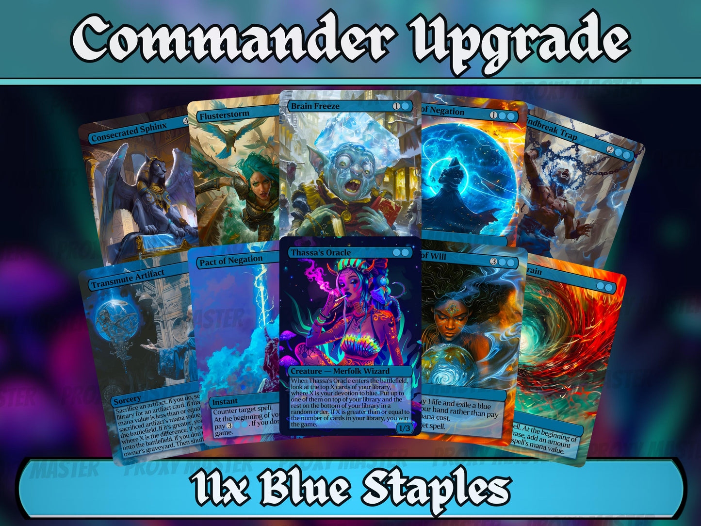 Blue Commander Staples Upgrade Bundle - Set of 10 + 1 Blue Cards!- 11 Unique Full-art Custom Magic proxies - Cards for your favorite decks!