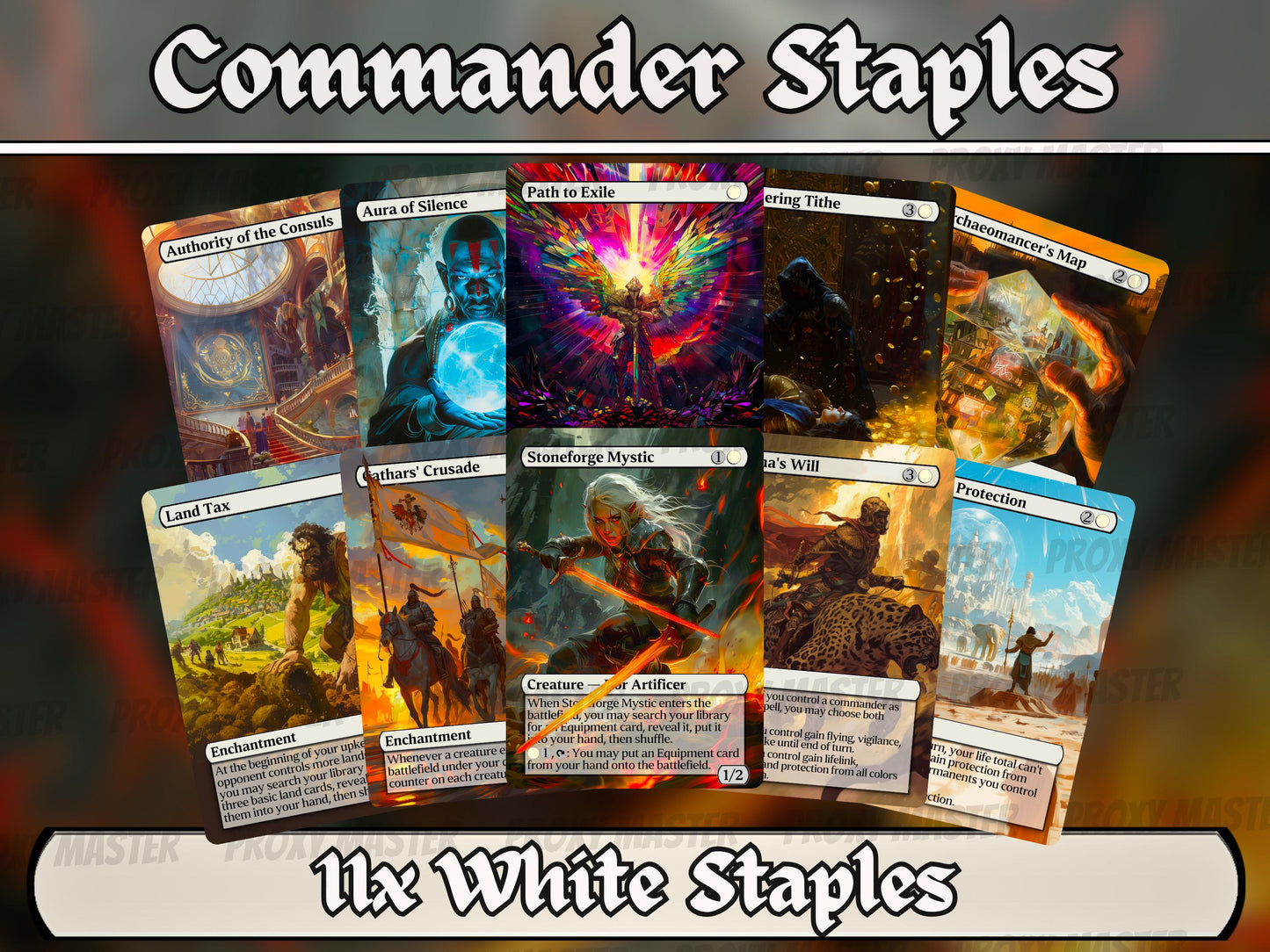 White Commander Staples Classic Bundle - Set of 10 + 1 White Cards!- 11 Unique Full-art Custom Magic proxies -Cards for your favorite decks!