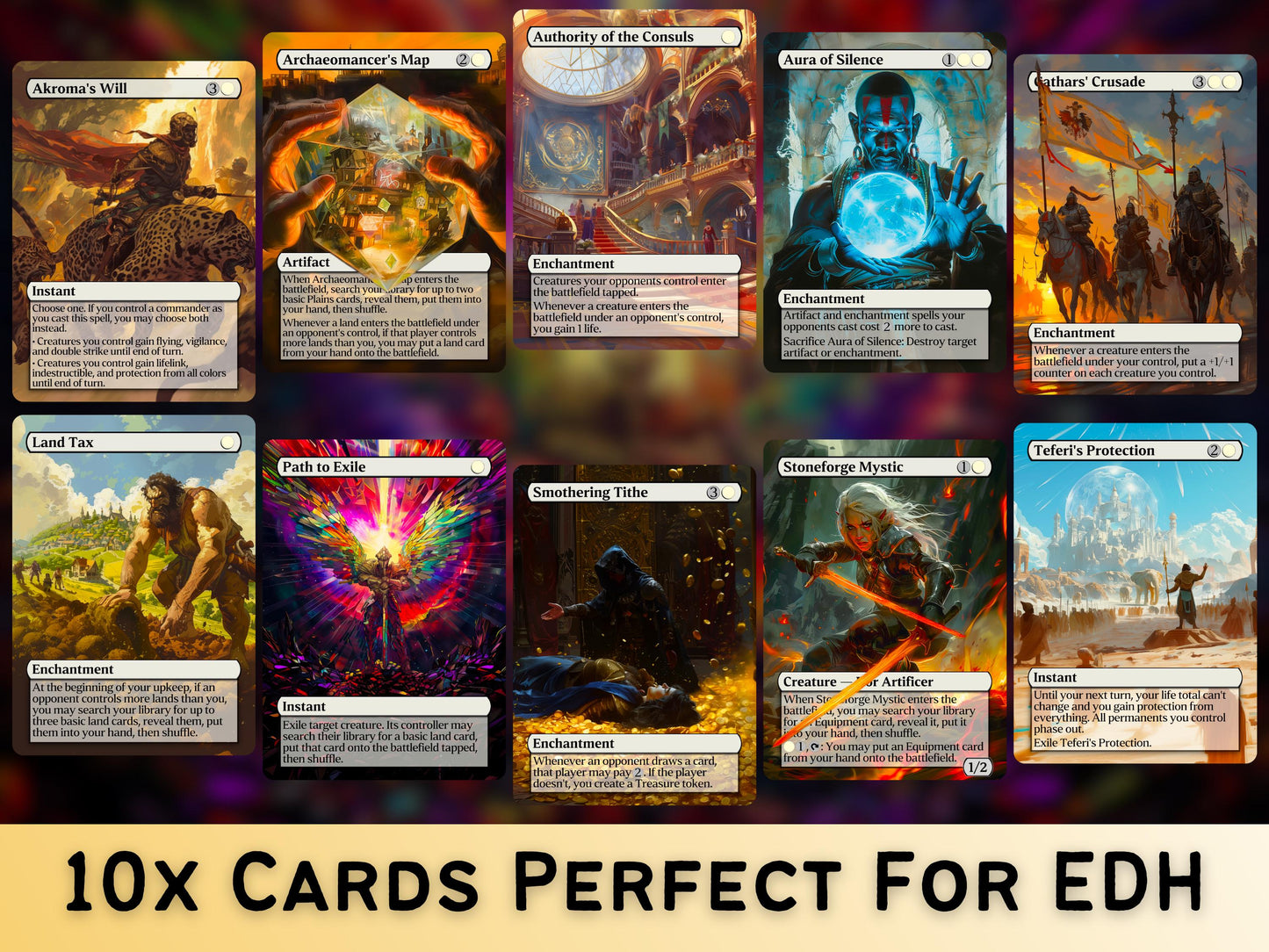 White Commander Staples Classic Bundle - Set of 10 + 1 White Cards!- 11 Unique Full-art Custom Magic proxies -Cards for your favorite decks!