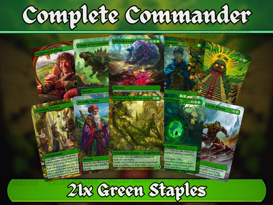 Green Commander Complete Staples Bundle - Set of 20 + 1 Green Cards! - 21 Unique Full-art Custom Magic proxy cards for your favorite decks!