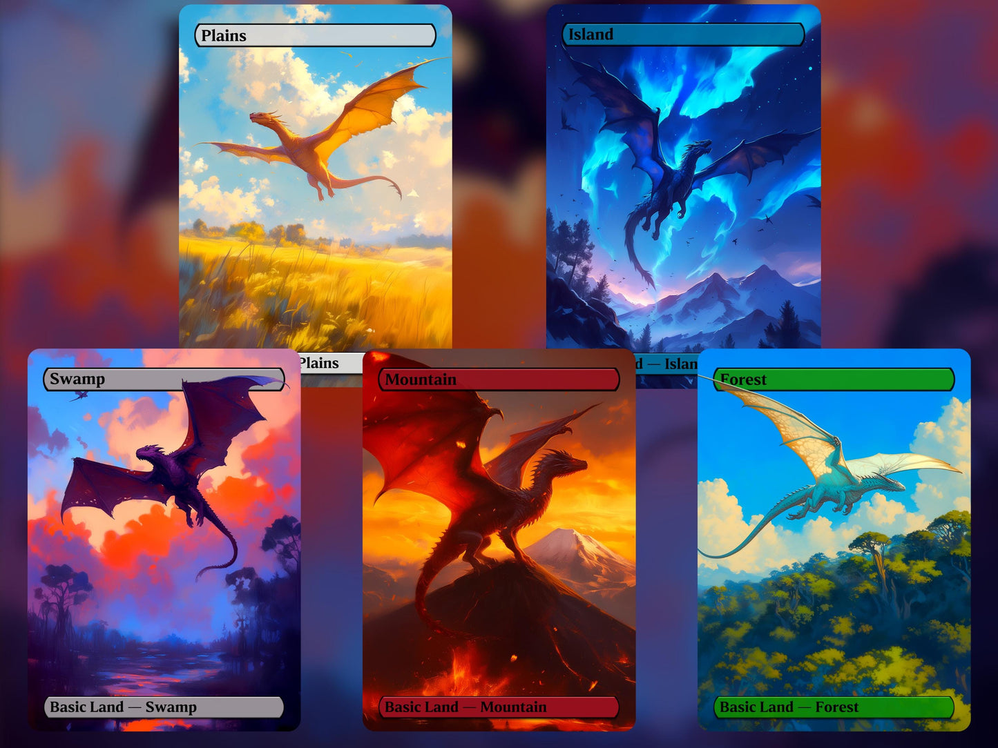 Dragon Basic Lands - Unique Full-art Dragon Themed Custom Magic proxies - Perfect Gift - High Quality Basic Lands for all formats!
