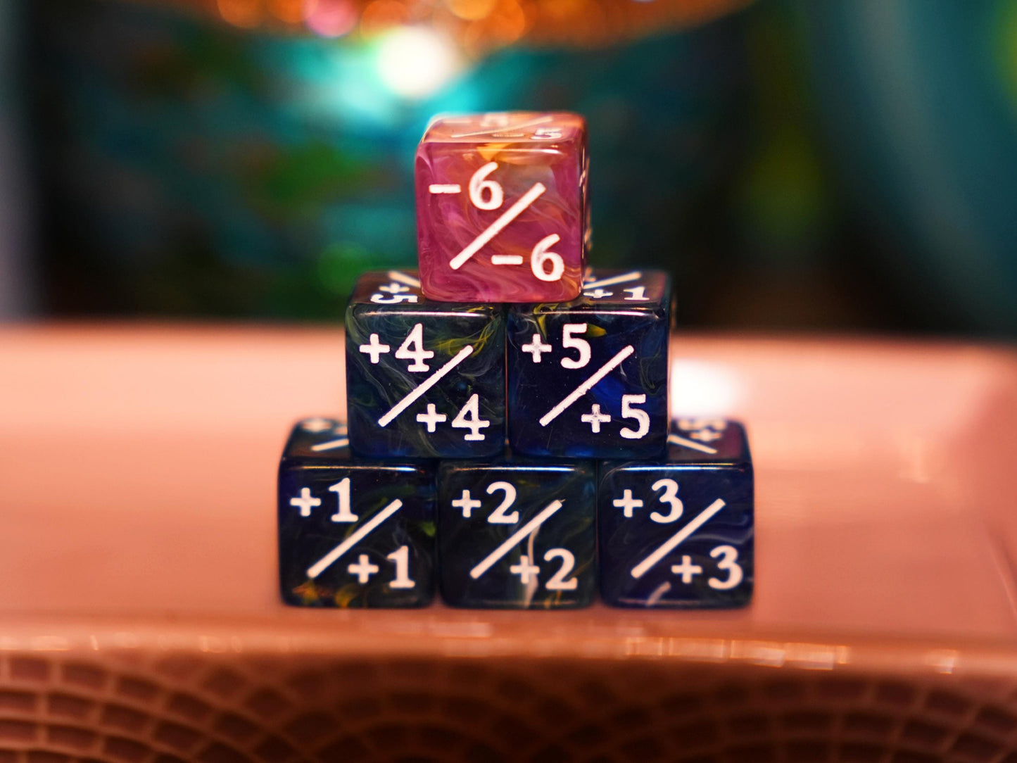 Counter Dice + / - , Magic TCG, Blue Pink Swirls Color Theme, perfect for any magic the gather deck! Edh, Cedh Magic Deck! Great MTG Gift!
