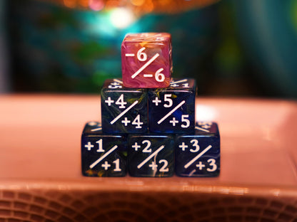 Counter Dice + / - , Magic TCG, Blue Pink Swirls Color Theme, perfect for any magic the gather deck! Edh, Cedh Magic Deck! Great MTG Gift!