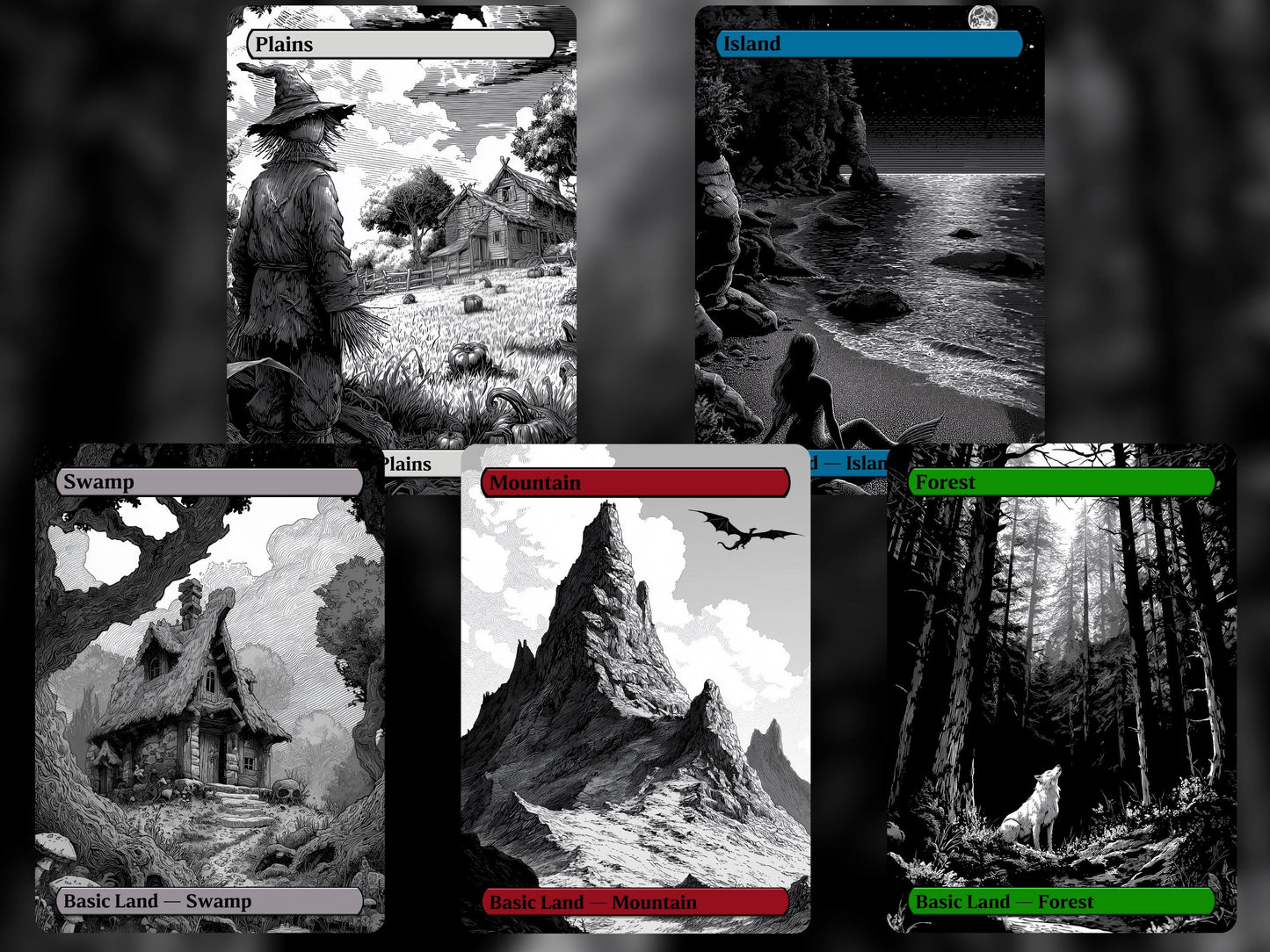 Black and White Basic Lands - Unique Full-art Dark Fantasy B&W Basic Lands - Perfect Gift - High Quality Basic Lands for all formats!