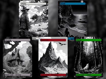 Black and White Basic Lands - Unique Full-art Dark Fantasy B&W Basic Lands - Perfect Gift - High Quality Basic Lands for all formats!