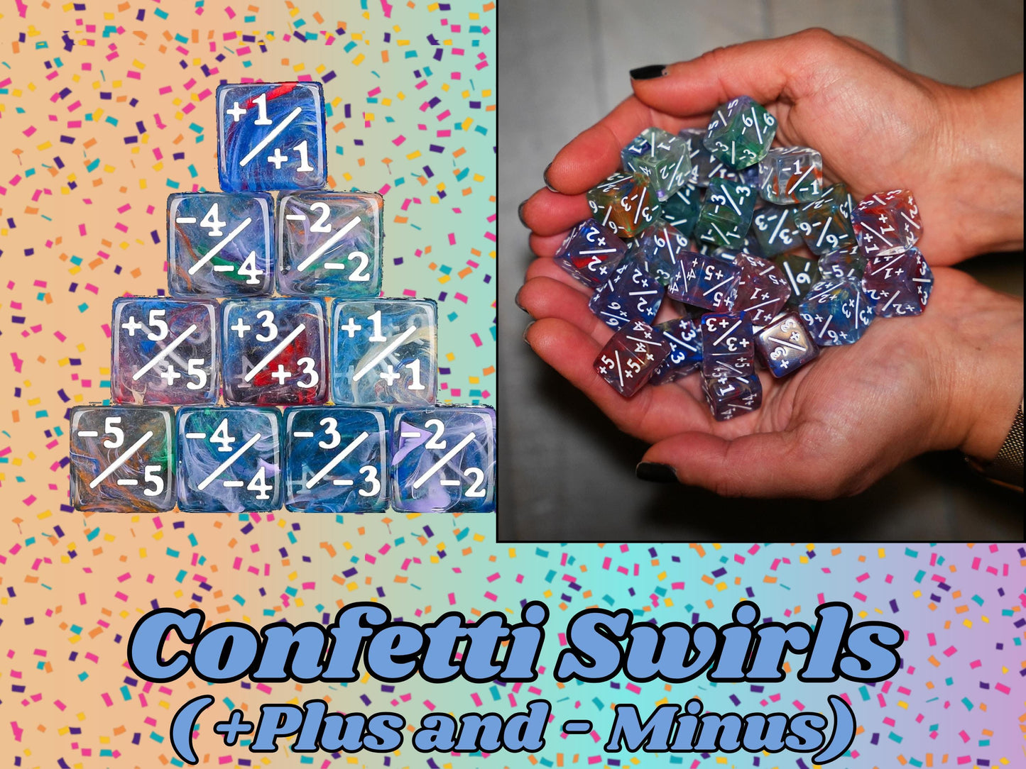 Counter Dice + / - , Magic TCG, Confetti Swirl Color Theme, perfect for any magic the gather deck! Edh, Cedh Magic Deck! Great MTG Gift!