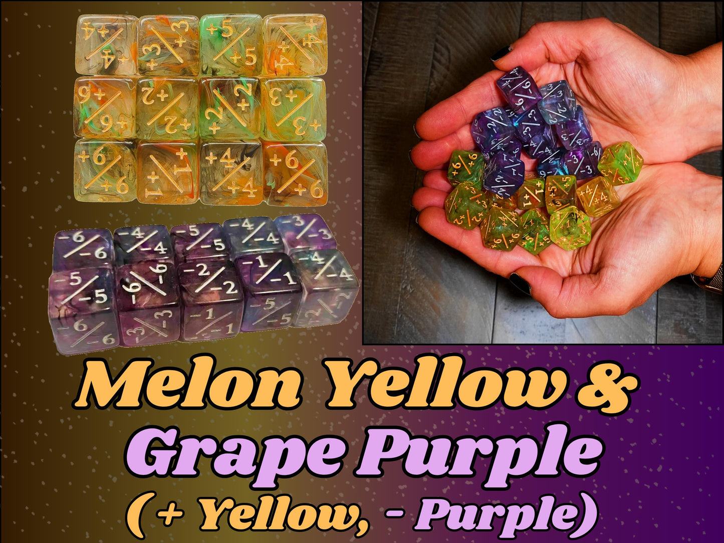 Counter Dice + / - , Magic TCG, Yellow & Purple Swirls Theme, perfect for any magic the gather deck! Edh, Cedh Magic Deck! Great MTG Gift!