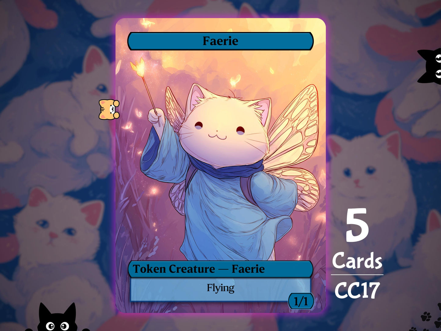 5x Faerie 1/1 Flying Blue - MTG Token - Cat Tokens by Teddy CC17