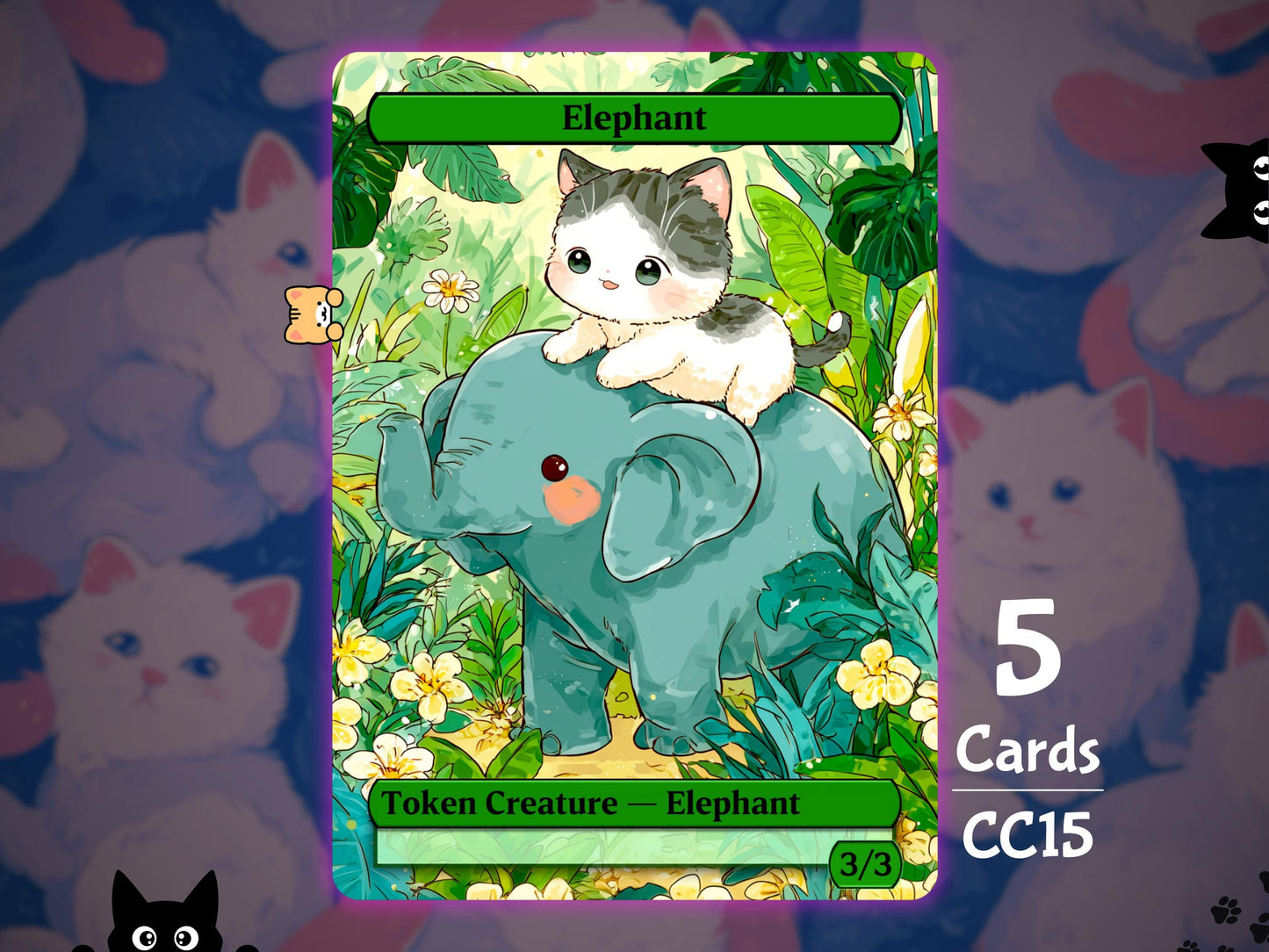 5x Elephant 3/3 Green - MTG Token - Cat Tokens by Teddy CC15