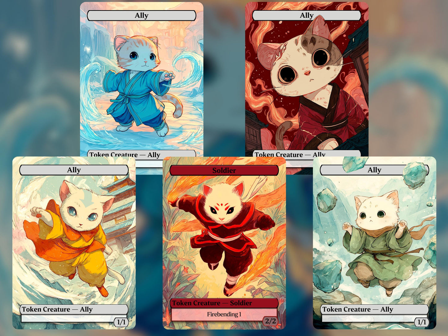 5x MTG ATLA Tokens , 4x Ally Benders + 1 Fire Soldier , Kitty Cat Style!