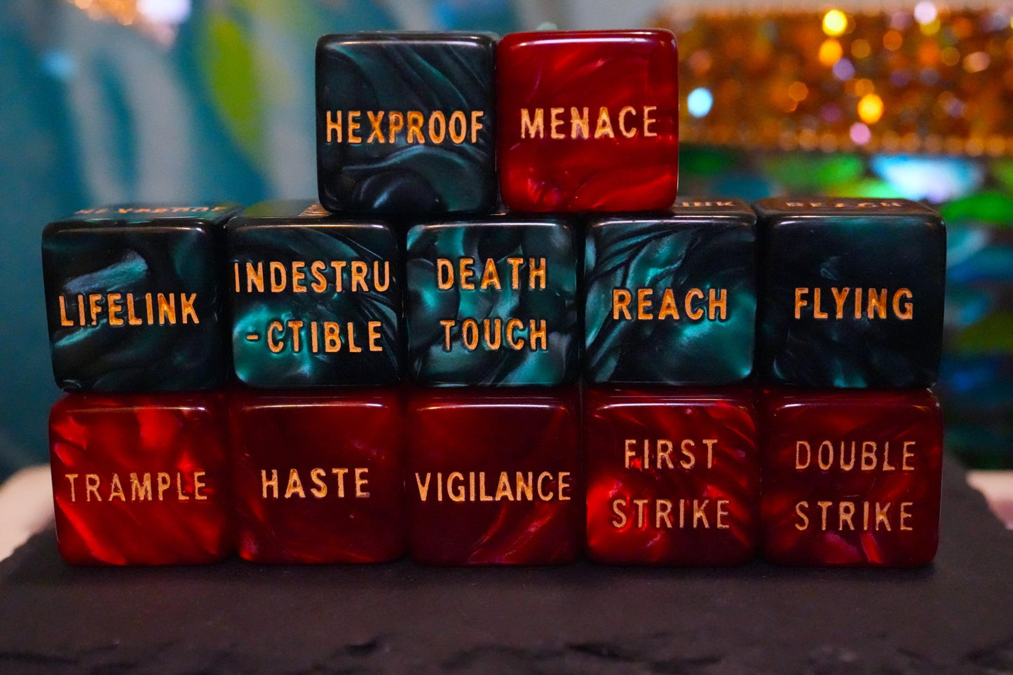 Red and Teal Keyword Dice for Magic, perfect for any magic the gathering deck! Edh, Cedh Magic Deck! Great MTG Gift!