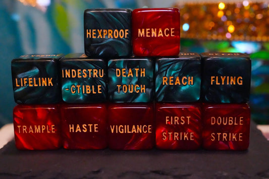 Red and Teal Keyword Dice for Magic, perfect for any magic the gathering deck! Edh, Cedh Magic Deck! Great MTG Gift!