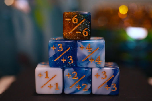 Counter Dice + / - , Magic TCG, Blue and Orange Color Theme, perfect for any magic the gather deck! Edh, Cedh Magic Deck! Great MTG Gift!