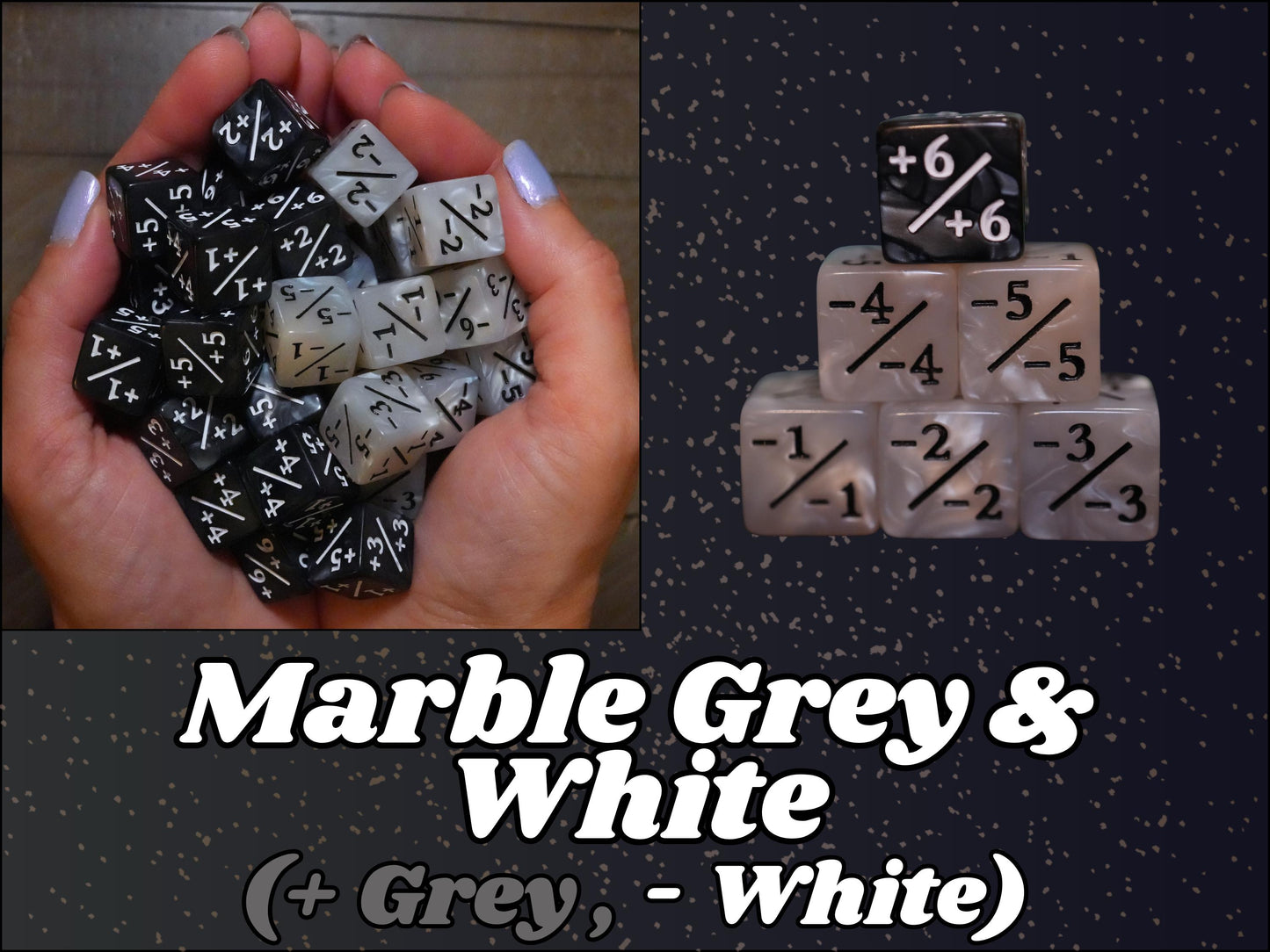 Counter Dice + / - , Magic TCG, Grey White (Reversed) Marble Color Theme, perfect for any magic the gather deck! Edh, Cedh Magic Deck!