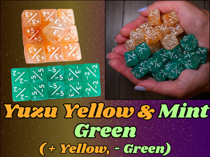 Counter Dice + / - , Magic TCG, Green & Yellow Swirls Theme, perfect for any magic the gather deck! Edh, Cedh Magic Deck! Great MTG Gift!