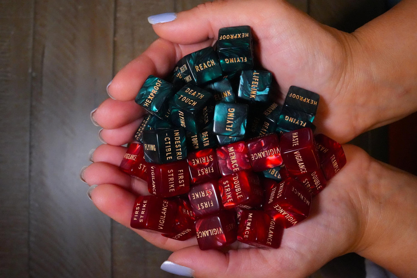 Red and Teal Keyword Dice for Magic, perfect for any magic the gathering deck! Edh, Cedh Magic Deck! Great MTG Gift!