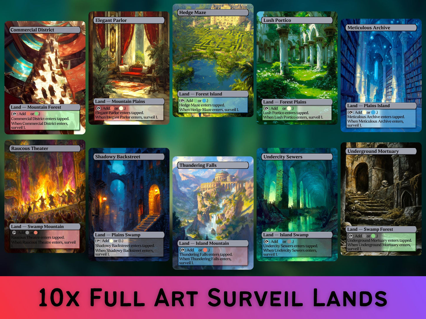 Surveil Lands - Fantasy Surveil Lands set of 10 - Unique Full-art Custom Magic proxies - High Quality Lands for your favorite Decks!