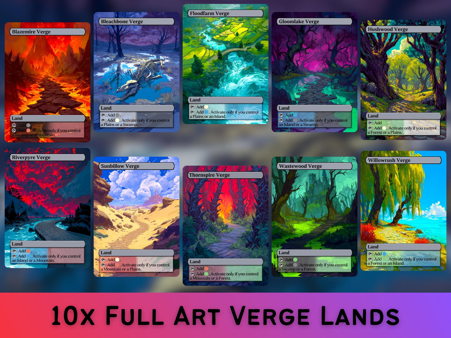 Verge Lands - Fantasy Verge Lands set of 10 - Unique Full-art Custom Magic proxies - High Quality Lands for your favorite Decks!